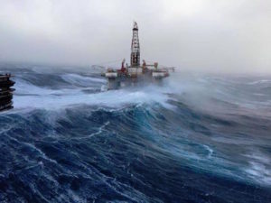 Image of North Sea oil rig in bad weather