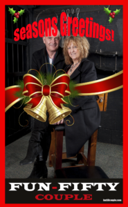 uk escort couple fun50couple Merry Christmas photo with ribbons and bell