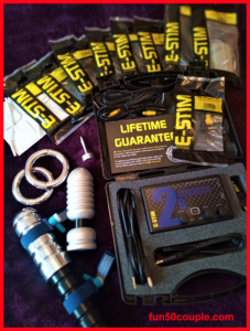 Display of e-stim systems equipment in a North East BDSM dungeon playroom