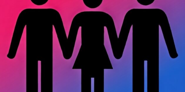 Silhoette graphic showing two males with a female in between representing MFM threesome dynamic, with bisexual pride colour background